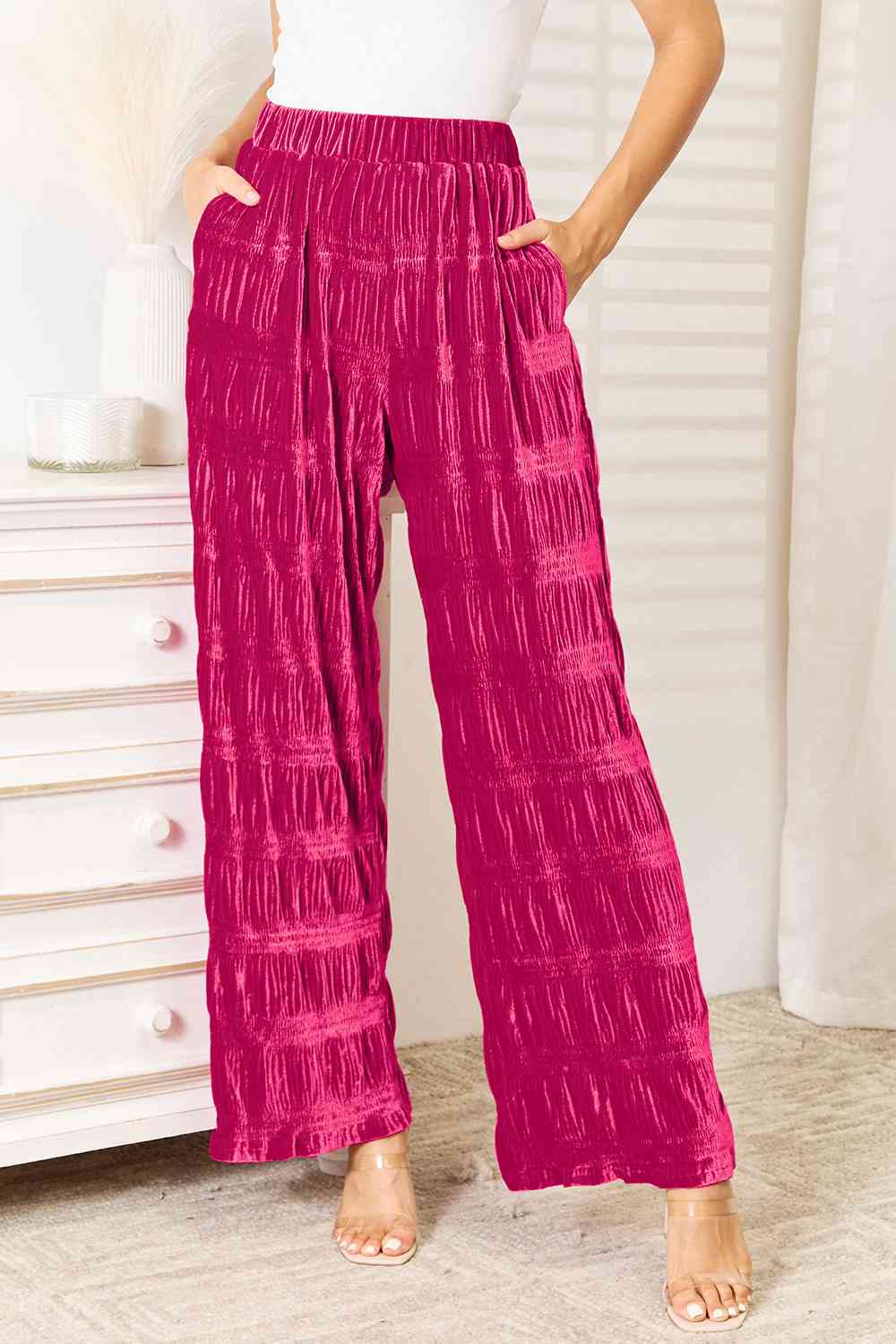 Double Take Full Size High Waist Tiered Shirring Velvet Wide Leg Pants up to 3XL