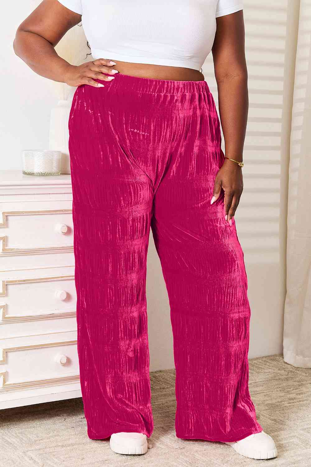 Double Take Full Size High Waist Tiered Shirring Velvet Wide Leg Pants up to 3XL