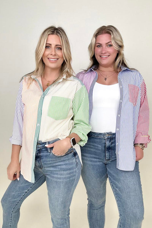 Davi & Dani Multicolor Mixed Stripe Button Down Shirt up to 3XL - Shell Design Boutique