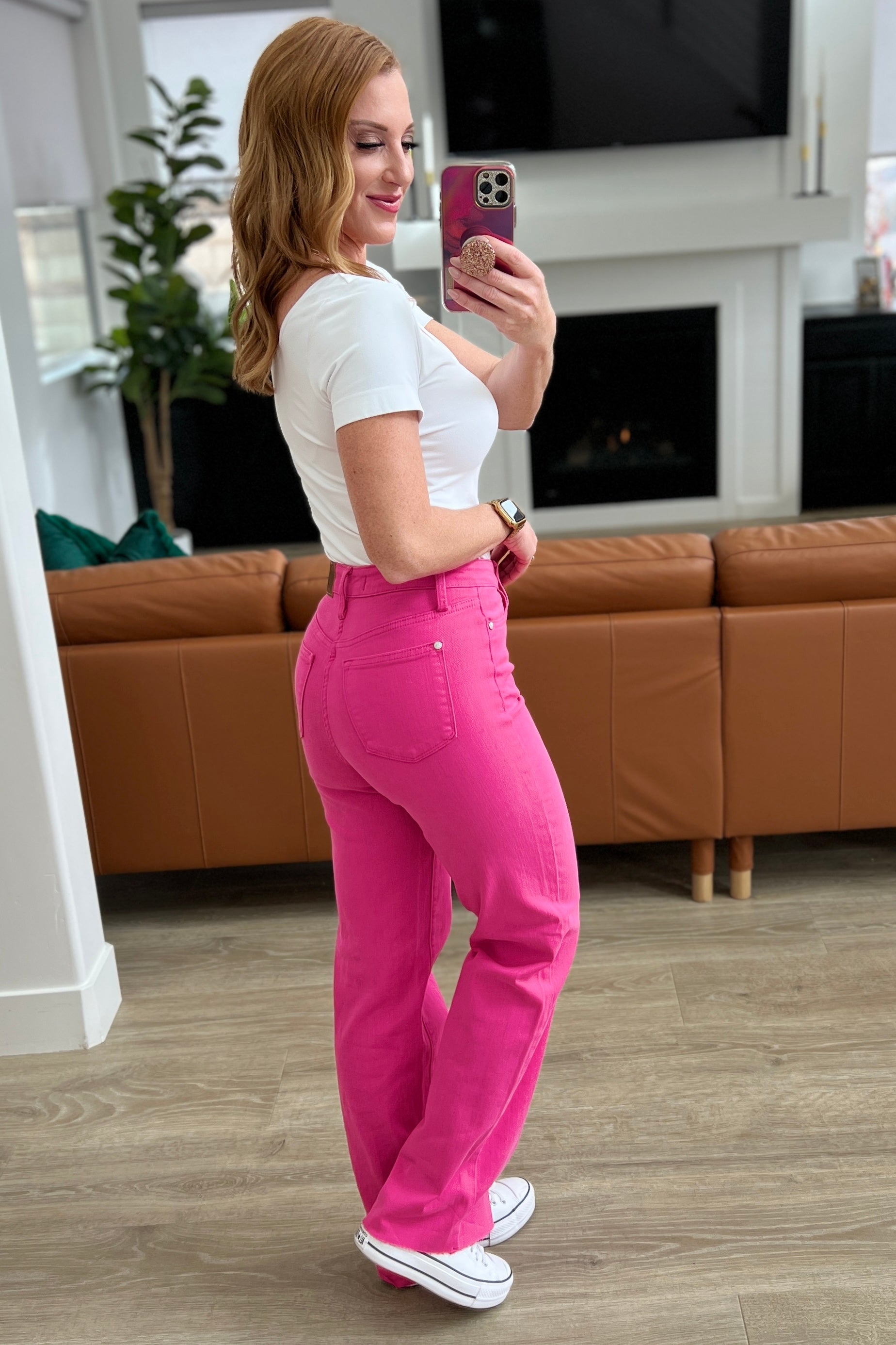Barbara High Rise Pink Dyed 90's Straight Jeans up to 24W by Judy Blue