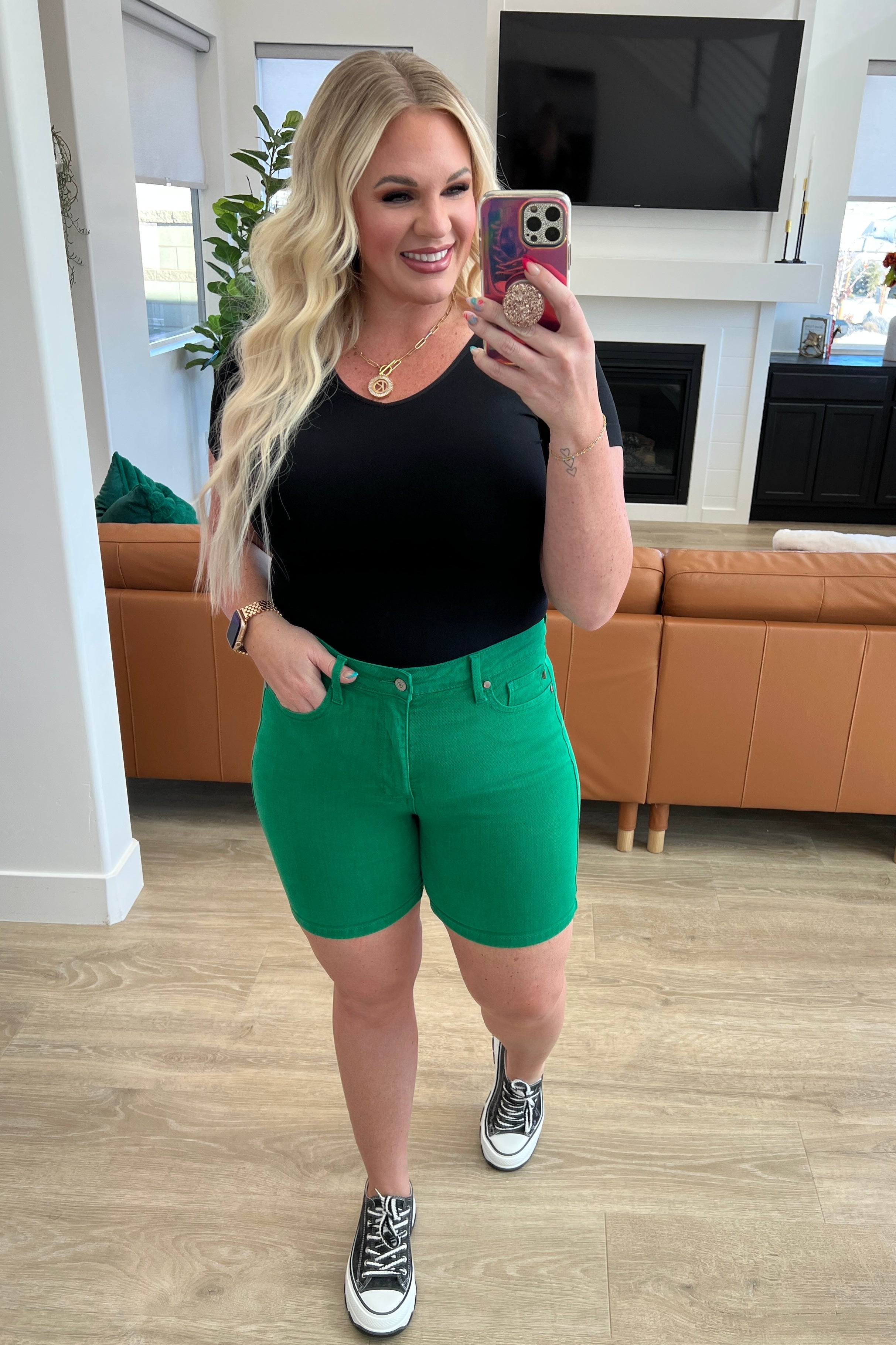 Jenna High Rise Control Top Cuffed Shorts in Green up to 3XL
