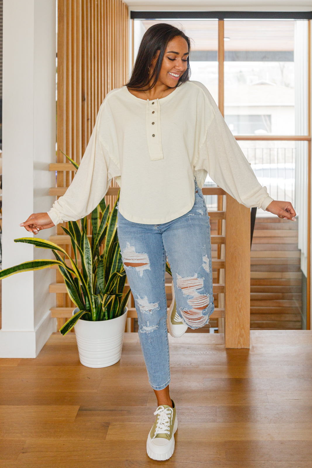 Women's Osaka Cream Long Sleeve Henley Shirt up to 3XL