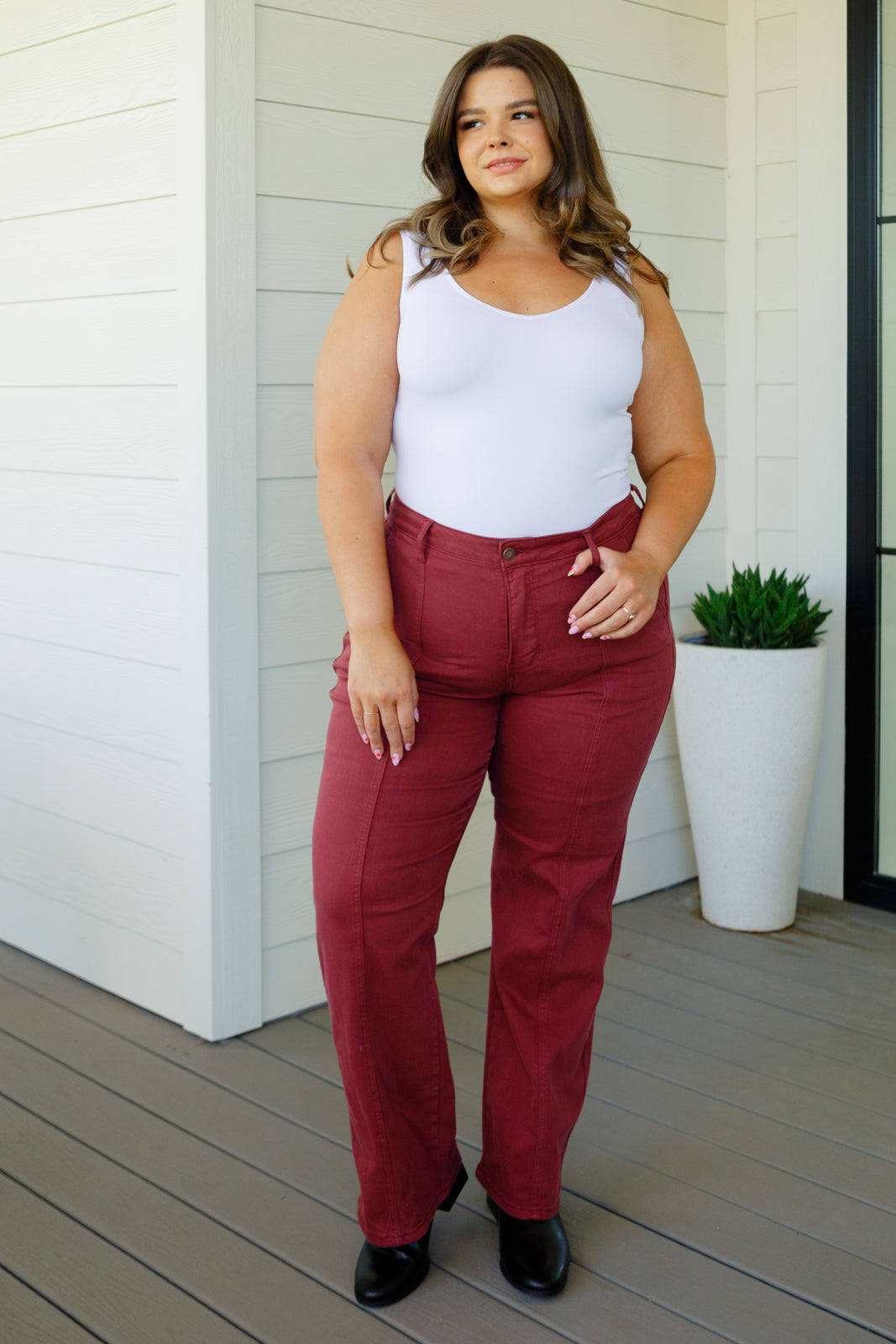 Women's Phoebe High Rise Straight Jeans in Burgundy by Judy Blue