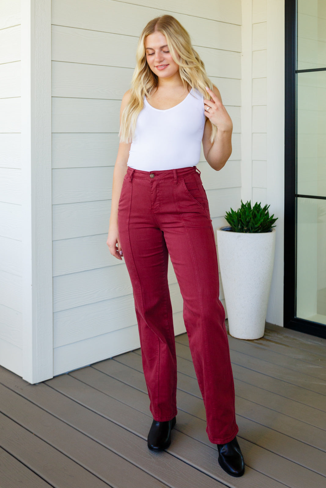 Women's Phoebe High Rise Straight Jeans in Burgundy by Judy Blue