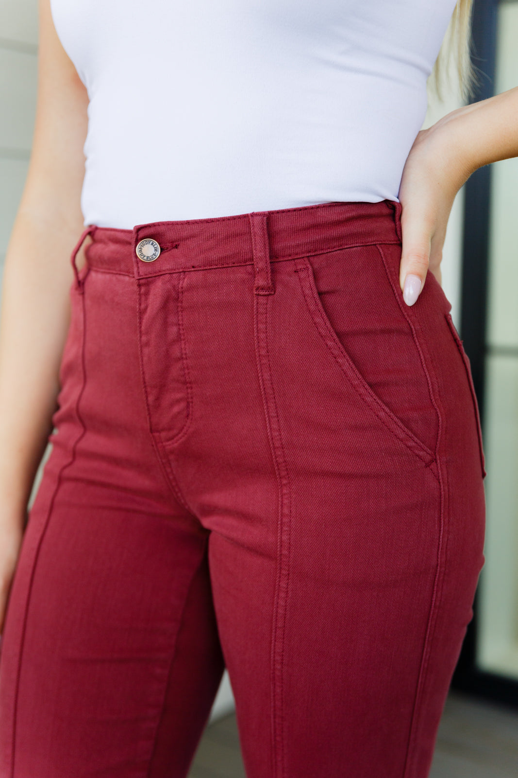 Women's Phoebe High Rise Straight Jeans in Burgundy by Judy Blue