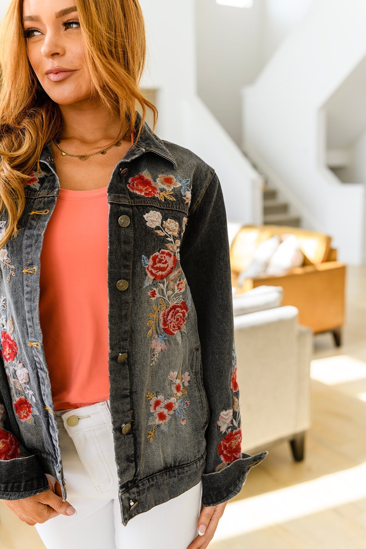 Lovely Visions Flower Embroidered Denim Jacket up to 3XL - Shell Design Boutique
