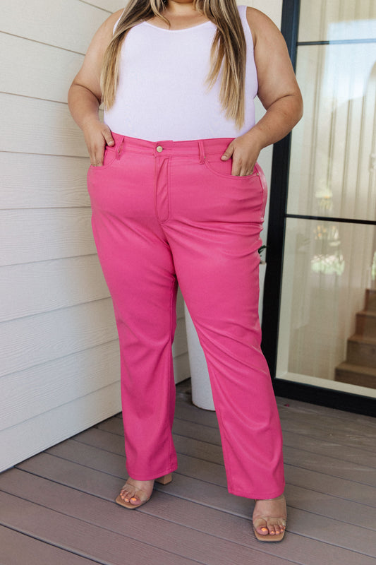 Tanya Control Top Faux Leather Pants in Hot Pink up to 24W by Judy Blue - Shell Design Boutique
