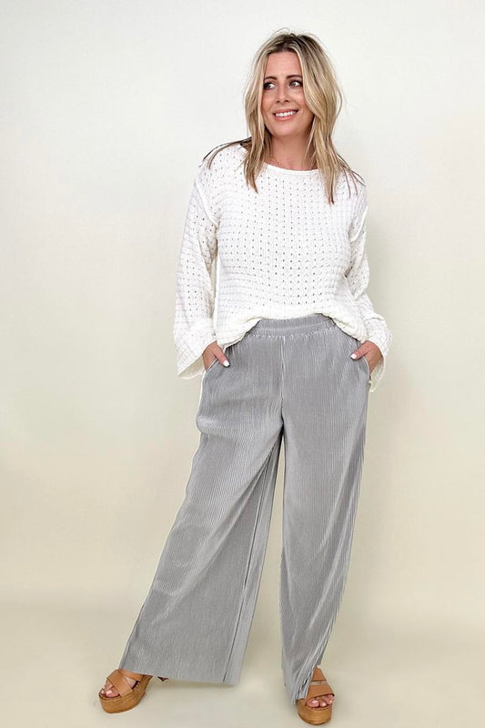 Petal Dew Silver Satin Plisse Palazzo Pants with Pockets up to 3XL - Shell Design Boutique