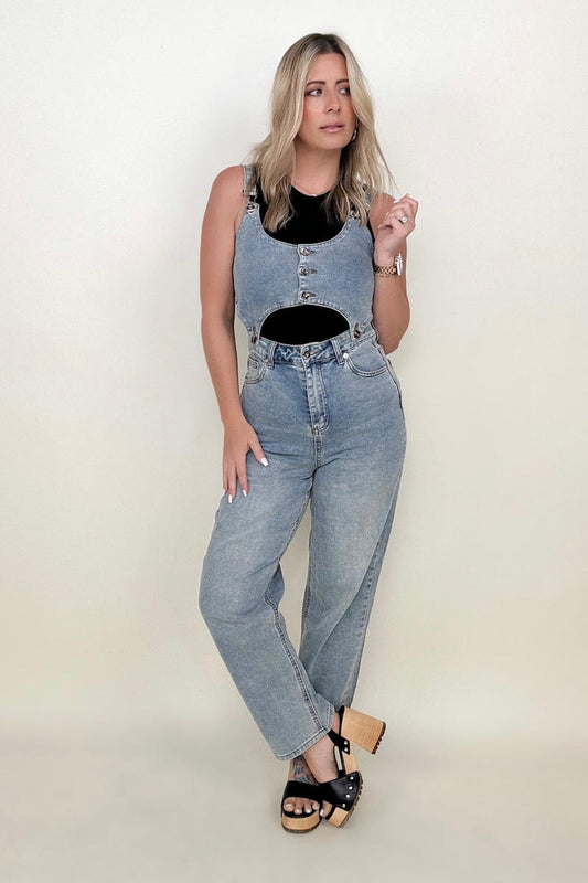 Davi & Dani Open Cut Light Blue Denim Overalls up to XL - Shell Design Boutique