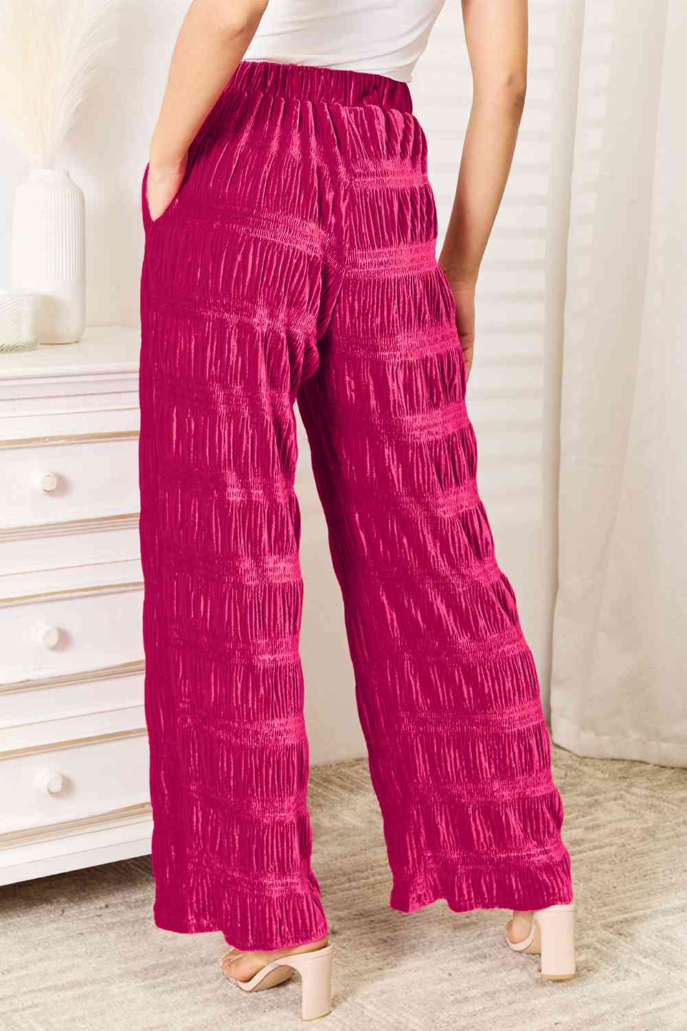 Double Take Full Size High Waist Tiered Shirring Velvet Wide Leg Pants up to 3XL