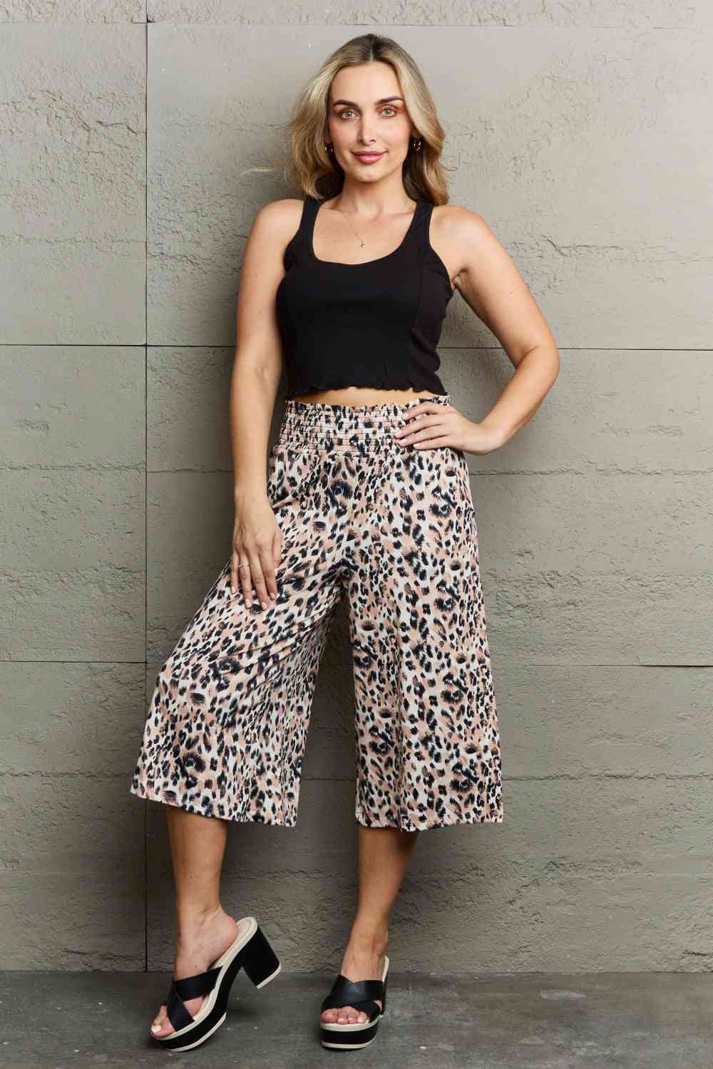 Ninexis Leopard High Waist Flowy Wide Leg Pants with Pockets - Shell Design Boutique