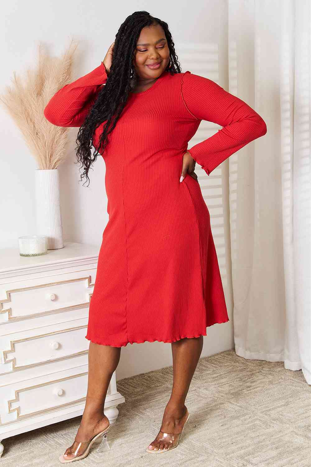 Culture Code Red Round Neck Long Sleeve Midi Dress up to 3XL - Shell Design Boutique