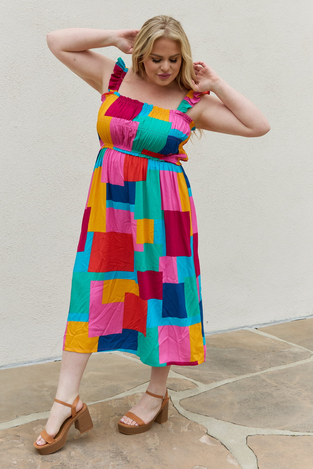 Multicolored Square Print Summer Dress up to 3XL - Shell Design Boutique