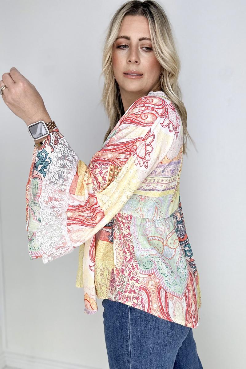 Paisley Patch Work Bell Sleeve Lace V-Neck Boho Blouse - Shell Design Boutique