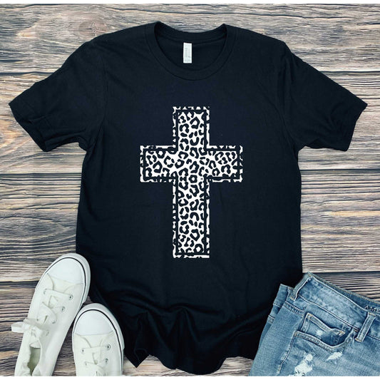 Leopard Print Cross Black Graphic T-shirt up to 3XL - Shell Design Boutique