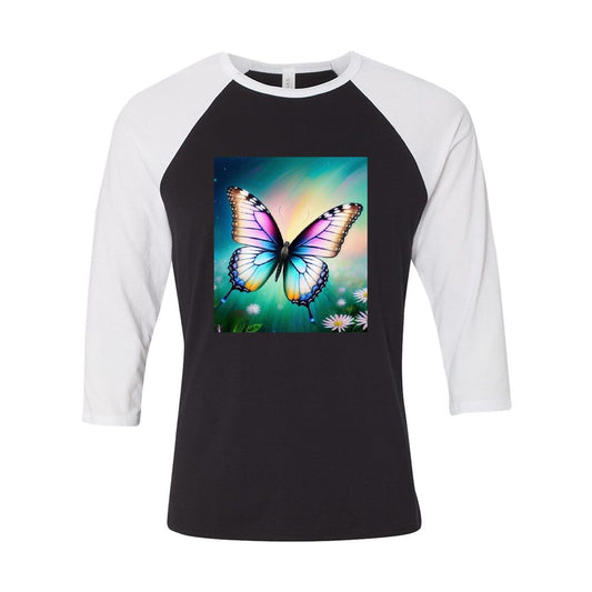 Butterflies and Daisies Bella Canvas Unisex 3\4 Sleeve Baseball Shirt